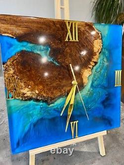 Oak and Resin Blue Ocean Large Wall Clock/Blue River Wall Clock/Live Edge Clock