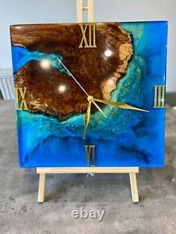 Oak and Resin Blue Ocean Large Wall Clock/Blue River Wall Clock/Live Edge Clock