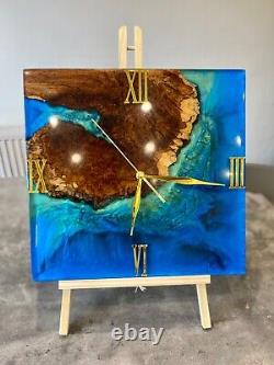 Oak and Resin Blue Ocean Large Wall Clock/Blue River Wall Clock/Live Edge Clock