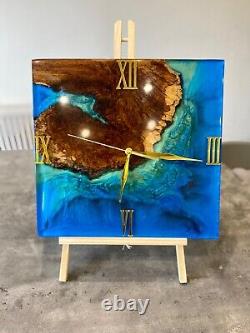 Oak and Resin Blue Ocean Large Wall Clock/Blue River Wall Clock/Live Edge Clock