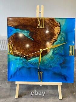 Oak and Resin Blue Ocean Large Wall Clock/Blue River Wall Clock/Live Edge Clock