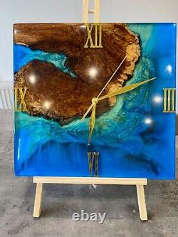 Oak and Resin Blue Ocean Large Wall Clock/Blue River Wall Clock/Live Edge Clock