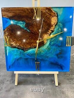 Oak and Resin Blue Ocean Large Wall Clock/Blue River Wall Clock/Live Edge Clock