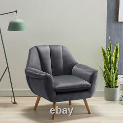 Occasional Velvet Grey Scallop Armchair Wingback with Oak Solid Legs Chair Sofa