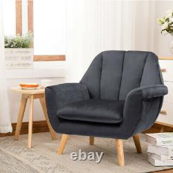 Occasional Velvet Grey Scallop Armchair Wingback with Oak Solid Legs Chair Sofa