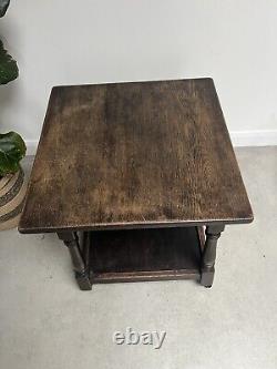 Old Charm Square Oak Side Table With Carved Detailing on castors