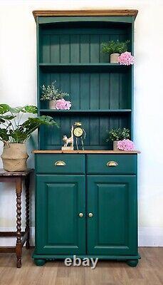 Painted Welsh Kitchen Dresser Solid/Oak Pine Green & Gold + Brass Cup Handles