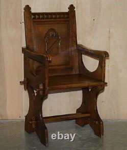 Pair Of Antique Carved English Oak Armchairs With Armorial Crest Coat Of Arms