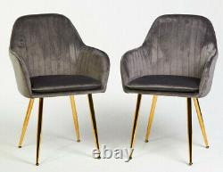 Pair of Designer Stylish Dark Grey Dining Chairs Velvet Seat Cushion Gold Legs