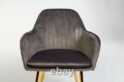 Pair of Designer Stylish Dark Grey Dining Chairs Velvet Seat Cushion Gold Legs