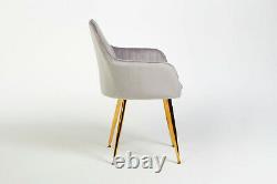 Pair of Designer Stylish Grey Dining Chairs Velvet Seat Cushion Gold Legs