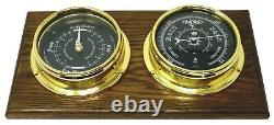 Prestige solid Brass Barometer and Tide Clock, Mounted on Dark English Oak