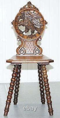 Rare 19th Century Black Forest Carved Hall Chair Hand Carved Hawk Bobbin Turned