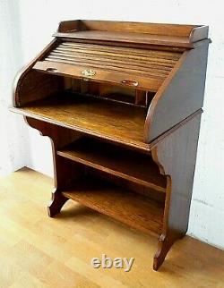 Rare Small Antique Oak Roll Top Desk Hall Bureau Secretaire With Book Shelves