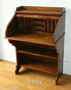 Rare Small Antique Oak Roll Top Desk Hall Bureau Secretaire With Book Shelves