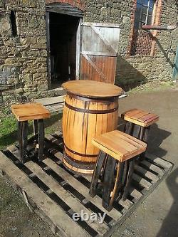Recycled Solid Oak Whiskey Cask Bar Table Patio Table and 4 Stools Set