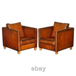 Restored Pair Of Moroso Crocodile Alligator Patina Brown Leather Club Armchairs