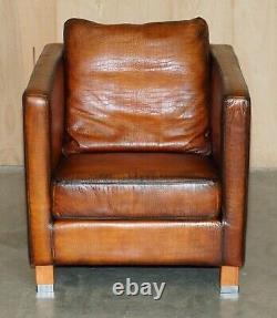 Restored Pair Of Moroso Crocodile Alligator Patina Brown Leather Club Armchairs