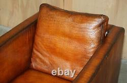 Restored Pair Of Moroso Crocodile Alligator Patina Brown Leather Club Armchairs