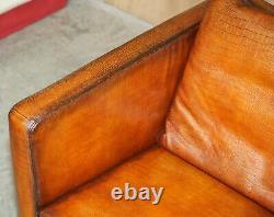 Restored Pair Of Moroso Crocodile Alligator Patina Brown Leather Club Armchairs