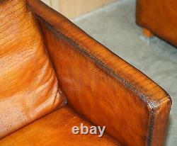 Restored Pair Of Moroso Crocodile Alligator Patina Brown Leather Club Armchairs