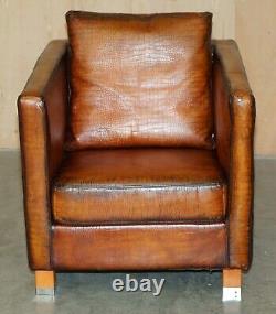 Restored Pair Of Moroso Crocodile Alligator Patina Brown Leather Club Armchairs