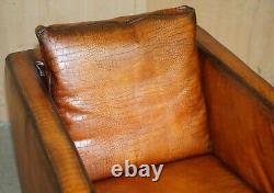 Restored Pair Of Moroso Crocodile Alligator Patina Brown Leather Club Armchairs