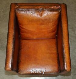 Restored Pair Of Moroso Crocodile Alligator Patina Brown Leather Club Armchairs