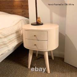 Round Bedside Table with 2 Drawers Solid Mango Wood Scandi Nightstand Molina