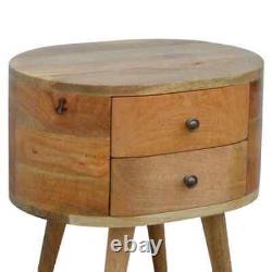 Round Bedside Table with 2 Drawers Solid Mango Wood Scandi Nightstand Molina