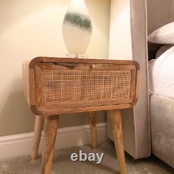 Scandi Bedside Table with Woven Drawer Light Finish Solid Mango Wood 1 Drawer