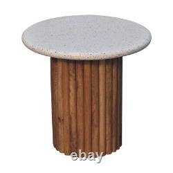 Scandinavian Side End Table Fluted Ribbed Wood Terrazzo Stone Top Unique Wilk
