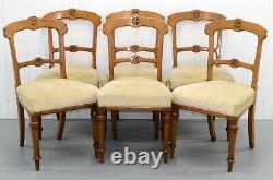 Set Of Six Victorian Oak Gothic Dining Chairs Horse Hair Seat & Tapered Legs