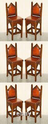 Six Fine Restored Brown Leather Gothic Revival Steeple Back Kitchen Bar Stools 6