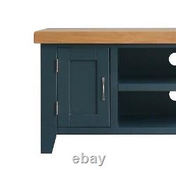 Small Blue Wooden TV Stand Unit Painted Entertainment Cabinet Oak Top Chatsworth