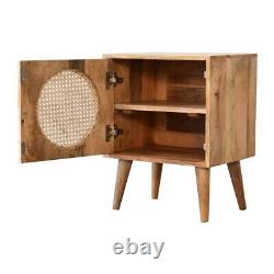 Small Cane Bedside Table Rattan Solid Mango Wood Storage Cabinet Nightstand Unit