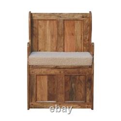 Small Monks Storage Bench in Cream Boucle Solid Mango Wood Entryway Hallway Seat