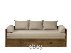 Sofa Bed Fold Out Storage Beige Fabric Oak finish & Metal Detail Indiana Rustic