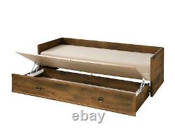 Sofa Bed Fold Out Storage Beige Fabric Oak finish & Metal Detail Indiana Rustic