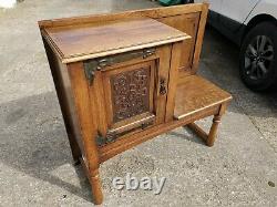 Solid Arts & Crafts Oak Bench Settle Window Hall Seat with Cupboard