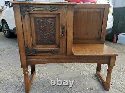 Solid Arts & Crafts Oak Bench Settle Window Hall Seat with Cupboard
