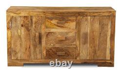 Solid Mango Wood Light Large 3 Drawer Sideboard New Indian Furniture