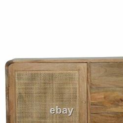 Solid Mango Wood Sideboard Cabinet with Woven Door and 3 Drawers Brass Knobs
