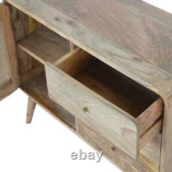 Solid Mango Wood Sideboard Cabinet with Woven Door and 3 Drawers Brass Knobs