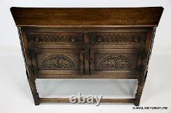 Solid Oak Canted Sideboard Gothic Carvings Drawers & Cupboard FREE UK Delivery