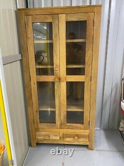 Solid Oak Tall Display Unit Cabinet Glass Doors Drawer Assembled