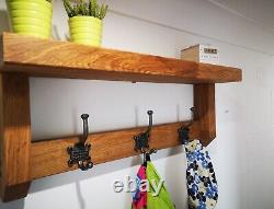 Solid Wooden Hanger With Shelf Chunky Heavy Duty Cast Iron Hook OAK WALNUT IROKO