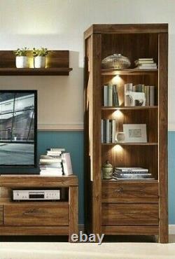 Tall Bookcase Shelving Unit 68cm Cabinet 2 Drawers LED's Medium Oak Effect Gent