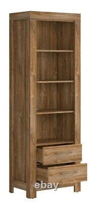 Tall Bookcase Shelving Unit 68cm Cabinet 2 Drawers LED's Medium Oak Effect Gent