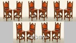 Ten Fine Restored Brown Leather Gothic Revival Steeple Back Kitchen Bar Stools